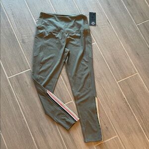 Kids Olive Green Leggings with Striped Detail